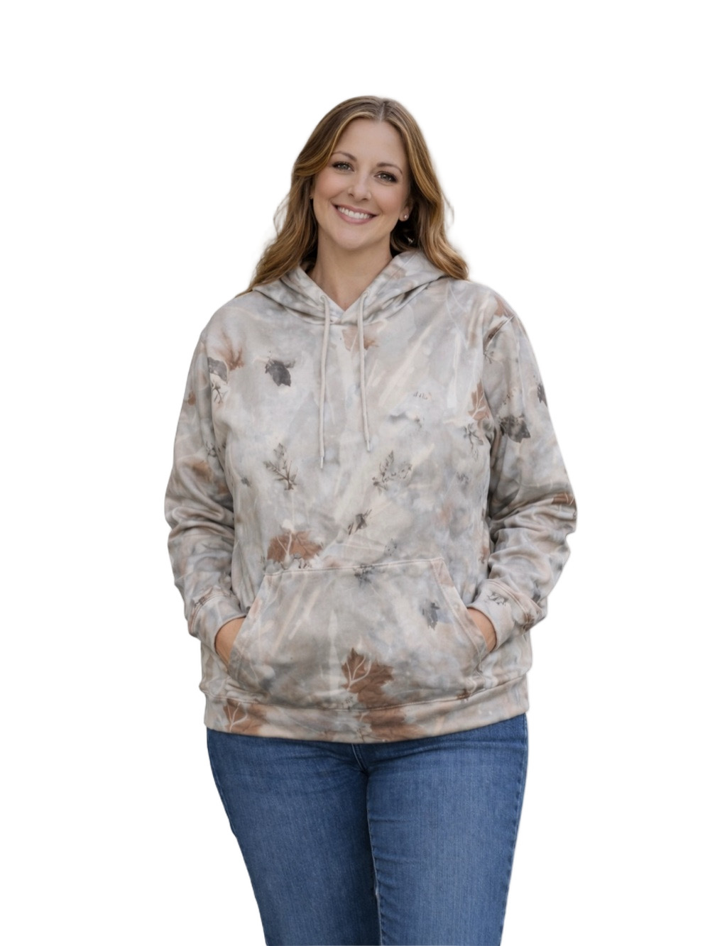 cream cozy Hoodie sweatshirt with brown Leaf Pattern